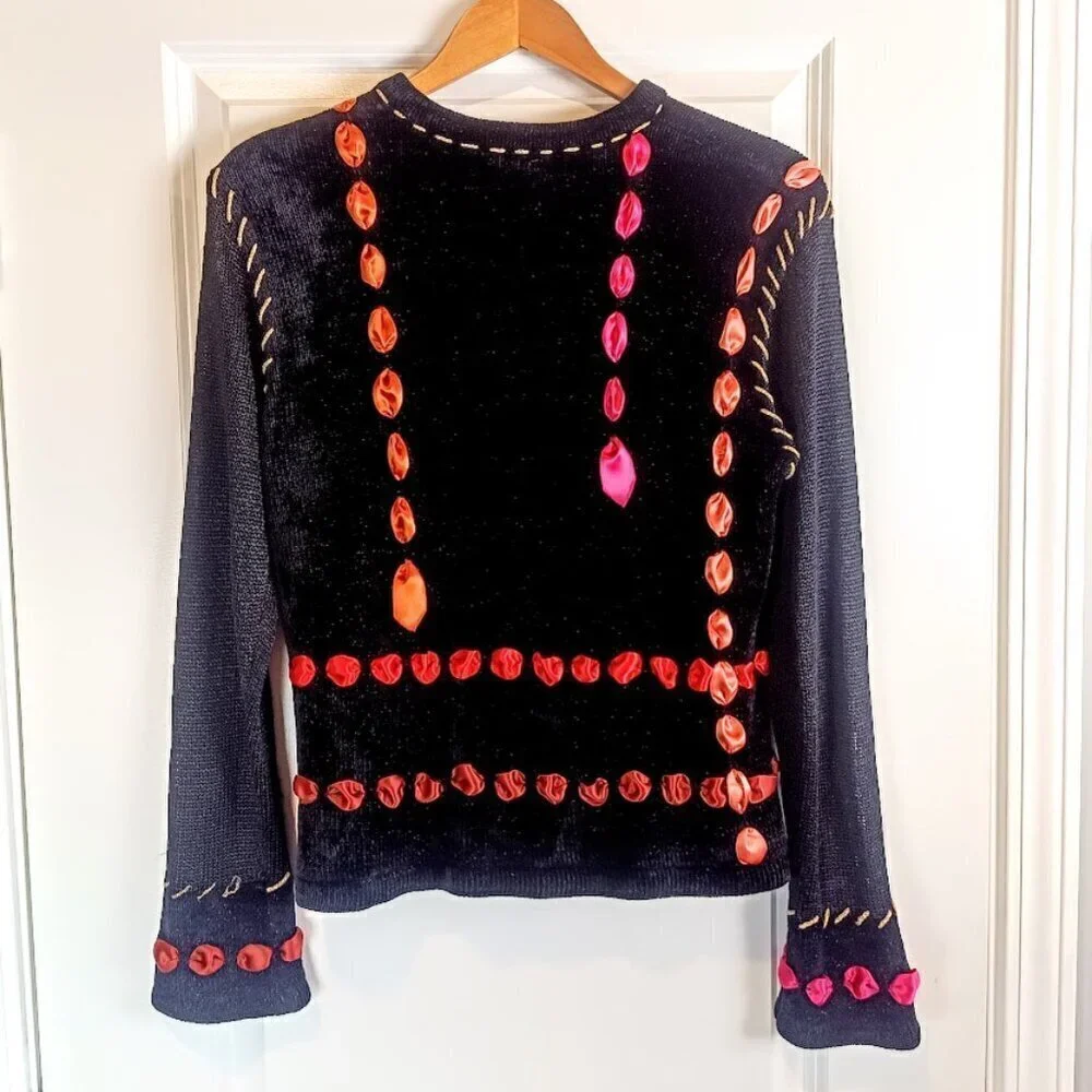 Vintage Susan Bristol Hand-Embroidered Ribbon Metallic Trim Cardigan